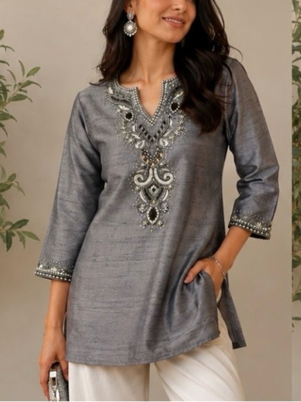 Saachi 100% Silk Embellished Gray Tunic Top Size Small Boho India